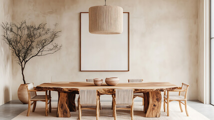 Poster - Rustic live edge dining table and wooden log chairs against beige wall with big art poster frame, farmhouse, japandi interior design of modern dining room