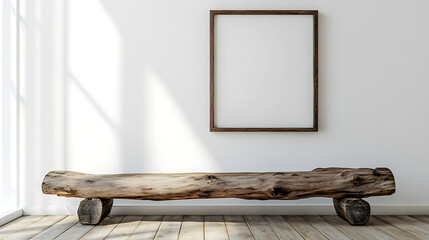 Poster - Rustic old wood log bench near white wall with art poster frame, boho interior design of modern living room in farmhouse