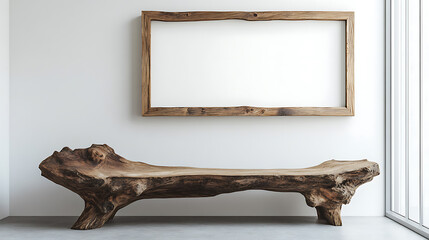 Poster - Rustic old wood log bench near white wall with art poster frame, boho interior design of modern living room in farmhouse