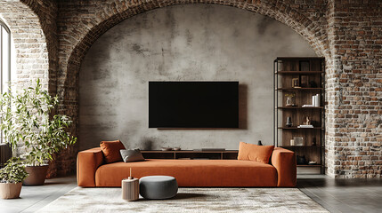 Aufkleber - Terra cotta sofa against stone cladding wall and tv on it, farmhouse interior design of modern living room with arched fitted shelf