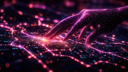Aufkleber - Glowing Hand Interacting with a Digital Network Interface