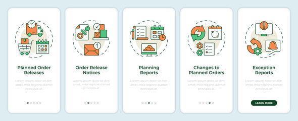 Wall Mural - MRP outputs onboarding mobile app screen. Manufacturing planning. Walkthrough 5 steps editable graphic instructions with linear concepts. UI, UX, GUI template. Montserrat SemiBold, Regular fonts used