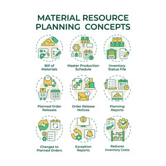  Material resource planning multi color concept icons. Production inventory and supplies. Industrial management. Icon pack. Vector images. Round shape illustrations for brochure. Abstract idea