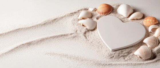 Poster - heart shaped decoration surrounded by seashells on sandy surface evokes tranquility
