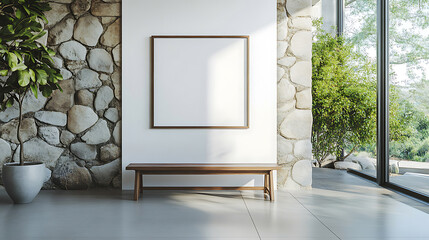 Aufkleber - Wild stone cladding wall in bright hallway, wooden bench near white wall with big poster frame against panoramic window, luxury home interior design of modern entrance hall