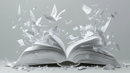 Leinwandbilder - Whimsical flight of a floating book enchanted library digital art dreamy atmosphere aerial perspective pages transforming into wings