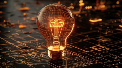 Poster - Glowing Lightbulb on Circuit Board: Technological Innovation and Creative Ideas