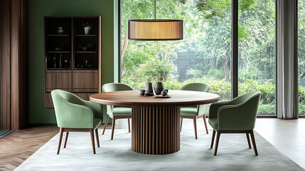 Wall Mural - Wooden round dining table and light green barrel chairs against window, dark wood cabinet near green wall, scandinavian or mid-century interior design of modern living room