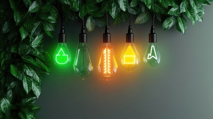 Poster - Glowing Lightbulbs Representing Eco-Friendly Concepts Amidst Lush Greenery