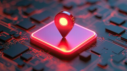 Aufkleber - Glowing Location Pin on Red Circuit Board: Digital Navigation Technology