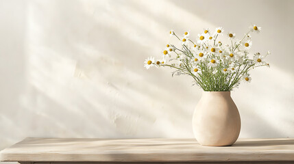 Poster - Wooden table with beige clay vase with bouquet of chamomile flowers near empty, blank white wall, home interior background with copy space