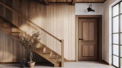 Aufkleber - Wooden staircase and lining paneling wall in minimalist style hallway, interior design of modern rustic entrance hall with door in farmhouse