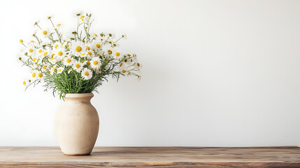 Poster - Wooden table with beige clay vase with bouquet of chamomile flowers near empty, blank white wall, home interior background with copy space