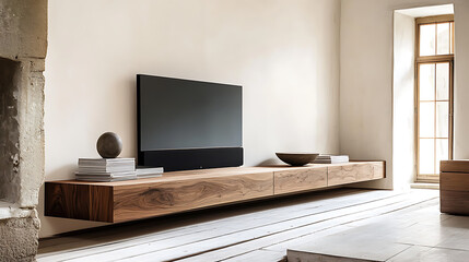 Poster - wooden tv unit in spacious room, scandinavian home interior design of modern living room