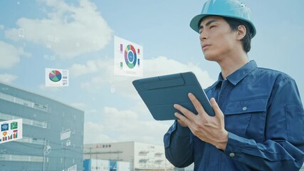 Poster - tablet, data, dx, digital transformation, factory, warehouse, construction, work site, design, surveying, document, graph, chart, business, engineer, technician, worker, safety, plan, management, ict,