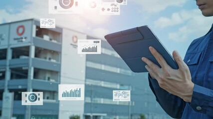 Poster - tablet, data, dx, digital transformation, factory, warehouse, construction, work site, design, surveying, document, graph, chart, business, engineer, technician, worker, safety, plan, management, ict,