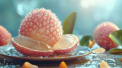 Aufkleber - Exploring the delicate lychee fruit unveiling its outer shell and juicy interior in a natural setting