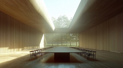 Aufkleber - Sunlit minimalist wooden room with long table and chairs.
