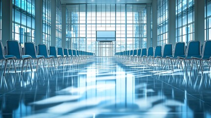 Aufkleber - Modern, spacious waiting area with rows of blue chairs and large windows.
