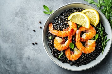 Wall Mural - Appetizing black shrimp risotto with lemon seen from above on a gray table Culinary photography