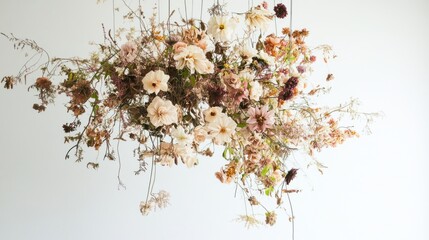 Poster - A stunning display of dried flowers delicately suspended in the air creates an enchanting focal point, radiating peace and elegance in a mocha-themed ambiance