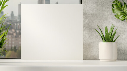 Poster - Minimalist interior with blank canvas and greenery in modern space