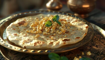 Wall Mural - A flatbread topped with popcorn and fresh herbs on a decorative metal plate.