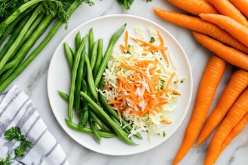 Sticker - Bird s eye perspective of chopped carrots green beans and shredded cabbage on a white plate alongside sliced carrots and haricot vert on a marble surface