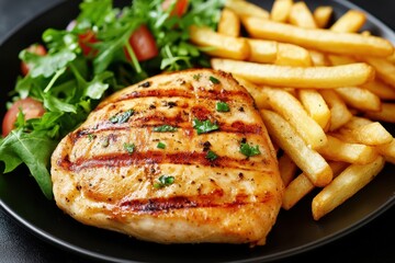 Poster - Black plate with grilled chicken salad and fries