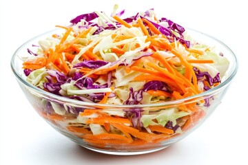 Canvas Print - Bowl of cabbage and carrot salad against a plain white background with selective focus