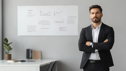 Poster - Confident businessman in suit standing in modern office space