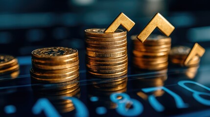 Poster - Golden Coins Stacked with Upward Arrows Representing Financial Growth and Investment Success