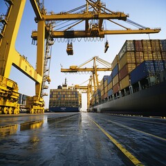 Poster - Containers being loaded onto a cargo ship using automated cranes in a busy port