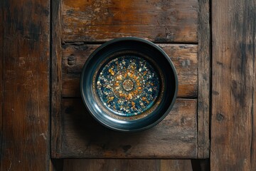 Wall Mural - Bowl of fresh fruit salad viewed from above on a wooden surface vegetarian dish idea