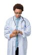 © Krakenimages.com - Young african american doctor woman wearing medical coat over isolated background Checking the time on wrist watch, relaxed and confident