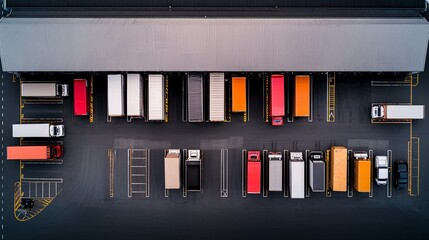 Poster - A bird's-eye view of a distribution center with synchronized vehicles loading and unloading cargo
