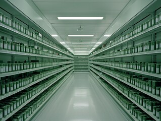 Poster - a futuristic automated warehouse with robotic arms arranging packages on shelves