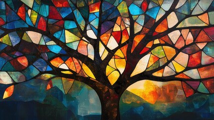 Canvas Print - An artistic tree with geometric patterns, glowing leaves, and vivid colors blending seamlessly