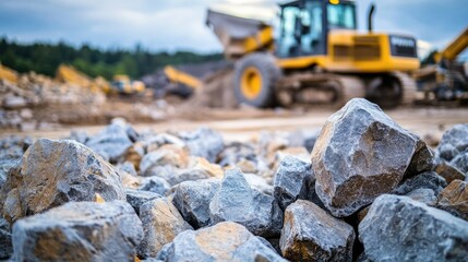 Wall Mural - Close view of uneven rocks on a site, with a soft-focus view of machinery operating in the background