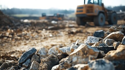 Wall Mural - Close view of uneven rocks on a site, with a soft-focus view of machinery operating in the background