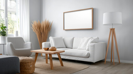 Wall Mural - Cozy minimalist living room with white sofa and wooden accents