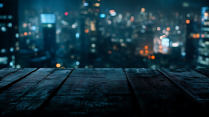 Aufkleber - A close up with wooden table with copyspace mock-up and view on night city scape