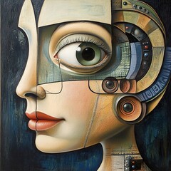 Sticker - surreal woman: mechanical portrait, abstract art