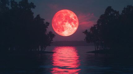 Wall Mural - A full red moon rose over the water and the trees, 3d illustration