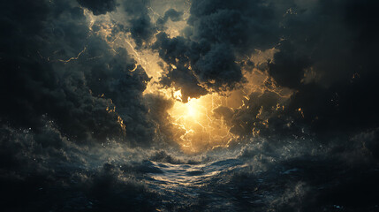 Poster - A stormy dark sky with black clouds and sparkling lightning from behind which the sun and direct sunlight are visible, ai