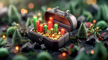 Poster - treasure chest filled with gold coins and colorful bar graphs symbolizes wealth