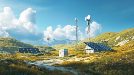 Sticker - Efficient backhaul system in a picturesque setting, solar panels and antennas amid rolling hills and a bright blue sky