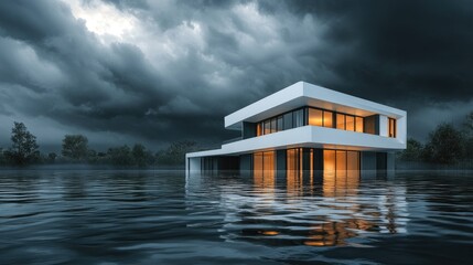 Wall Mural - Elevated modern villa surrounded by floodwaters under a dramatic stormy sky, symbolizing resilience