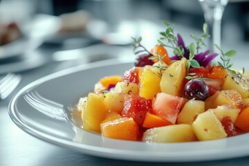 Sticker - Close up of a tasty fruit salad on a plate at the table