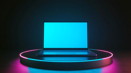 Fototapete - An empty touch screen laptop on a futuristic podium with neon lighting from the podiums and a blank blue screen on a black background, modern illustration